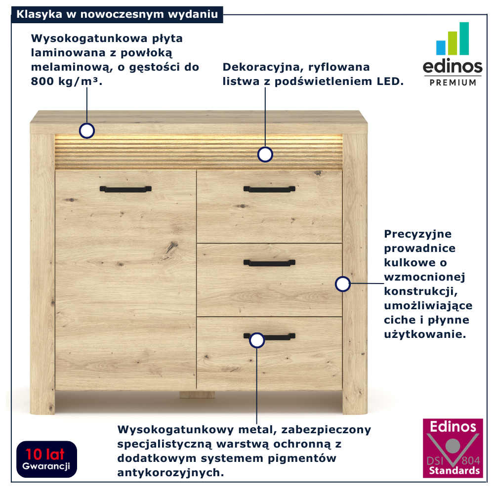 Nowoczesna komoda podświetlana z szufladami Fienna 3X dąb artisan