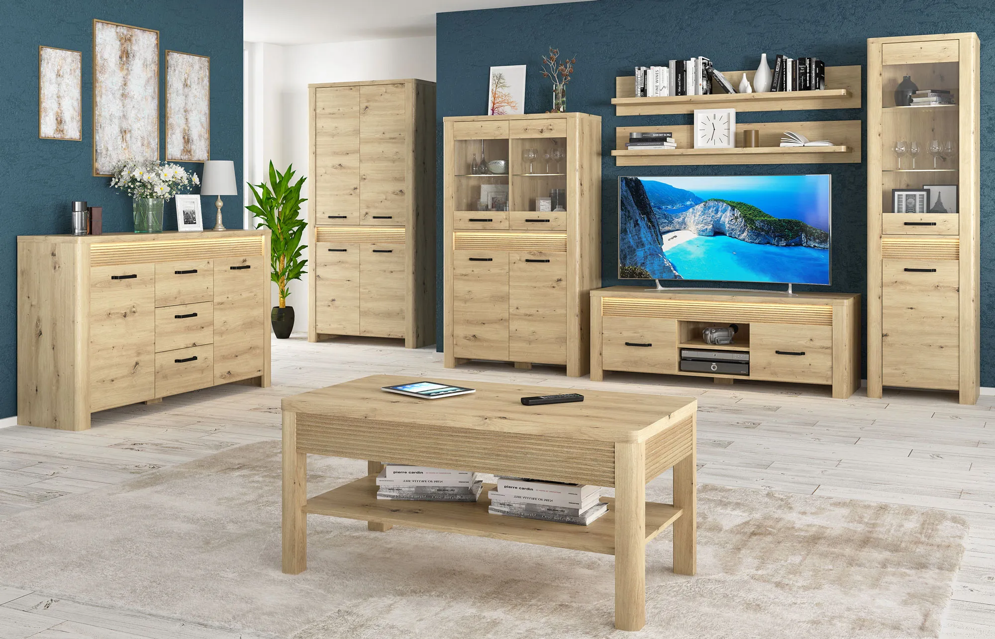 Salon w stylu nowoczesnym z wykorzystaniem mebli z kolekcji Fienna dąb artisan z podświetleniem led