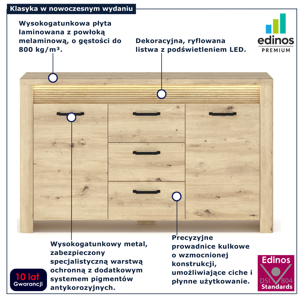Długa komoda z szufladami i 2 szafkami Fienna 4X dąb artisan z led