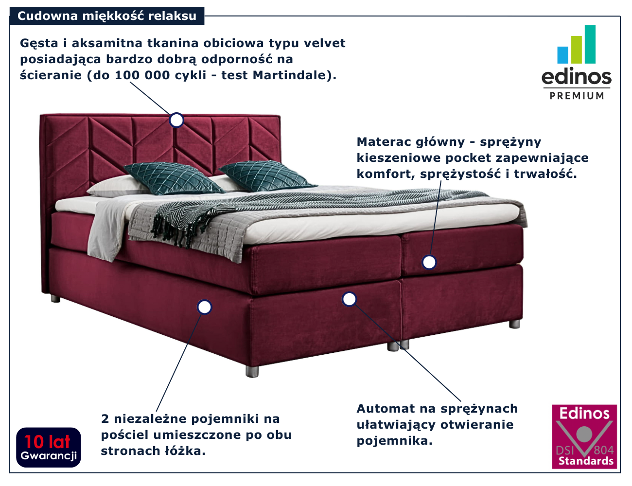 Bordowe łóżko kontynentalne Ferlevio