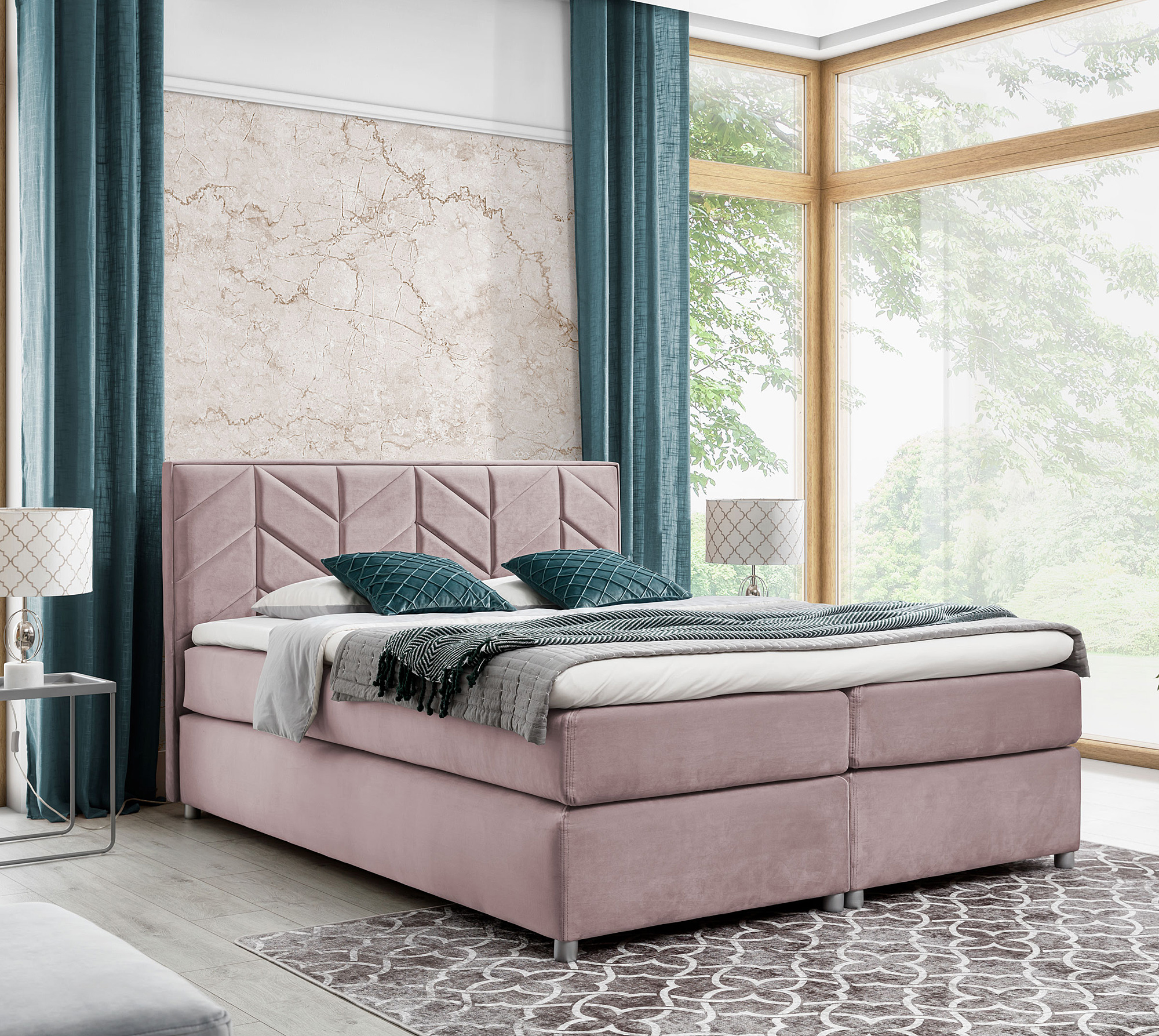 Aranżacja wnętrza z różowym łóżkiem Ferlevio