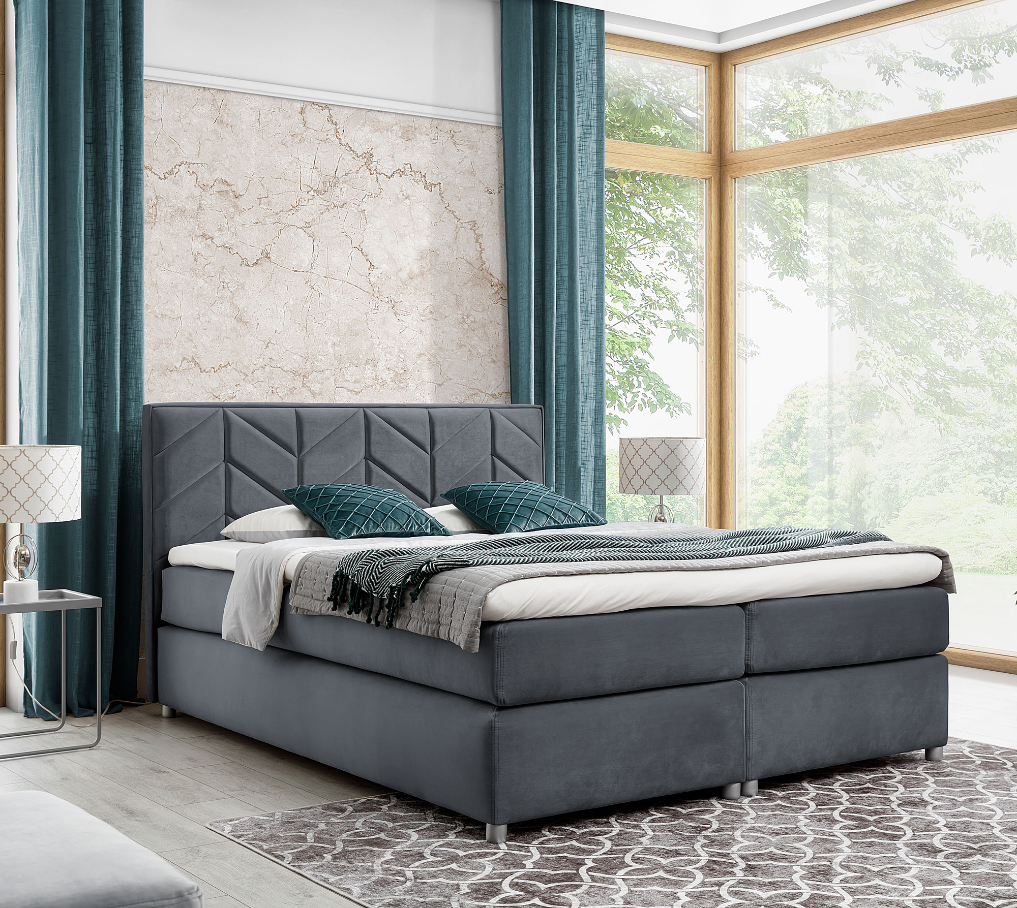 Aranżacja wnętrza z ciemnoszarym łóżkiem Ferlevio