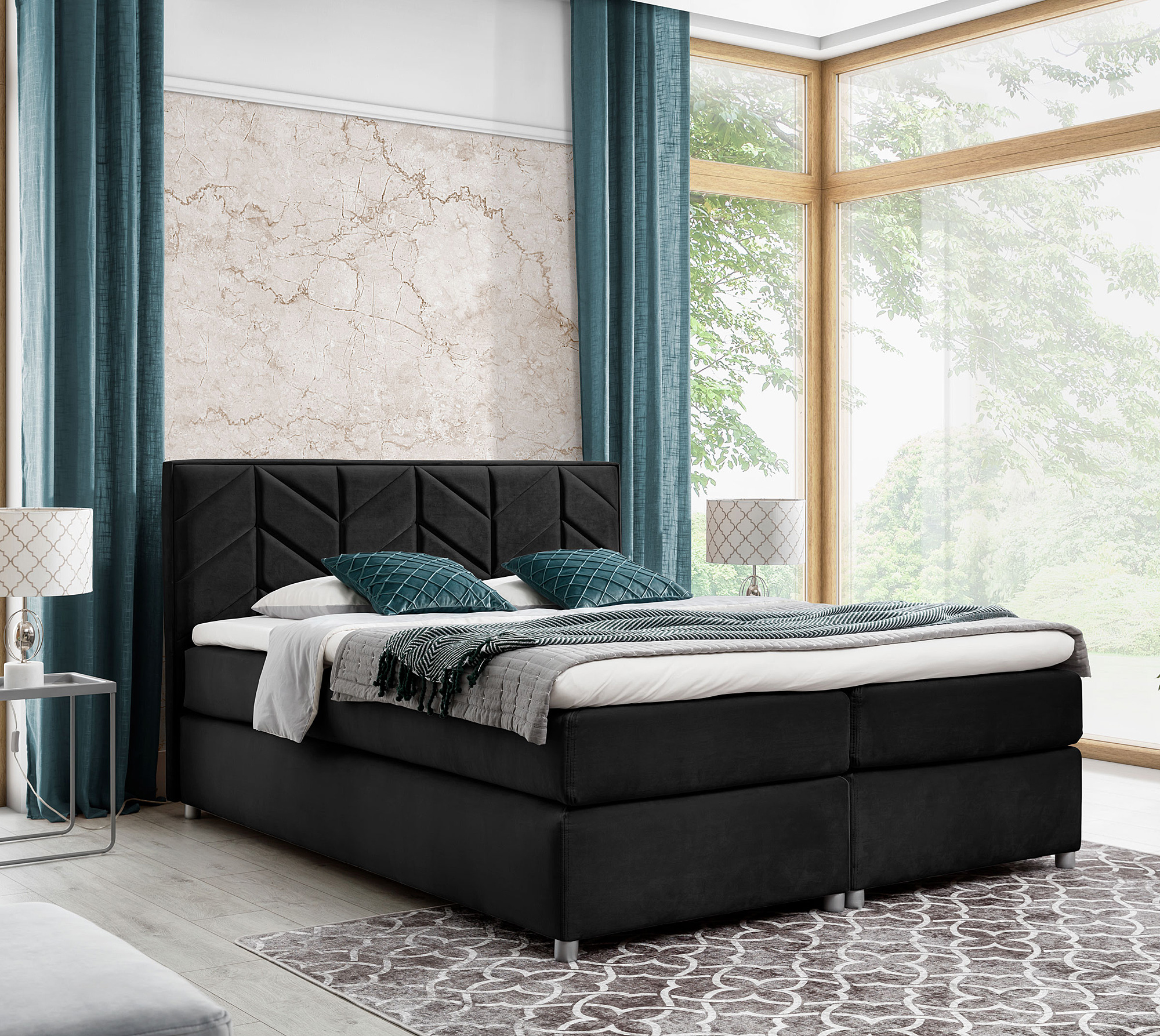 Aranżacja wnętrza z czarnym łóżkiem Ferlevio