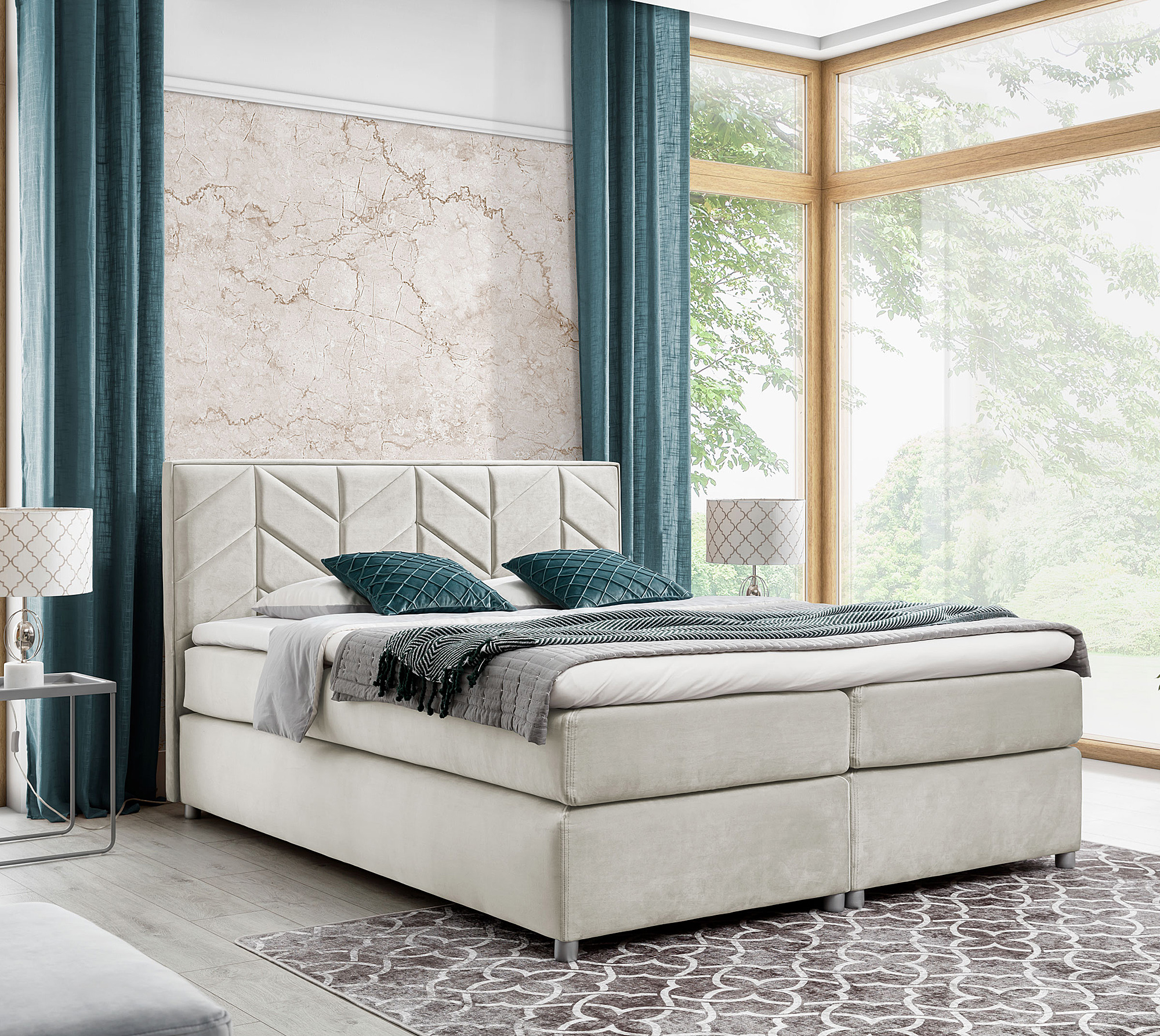 Aranżacja wnętrza z kremowym łóżkiem Ferlevio