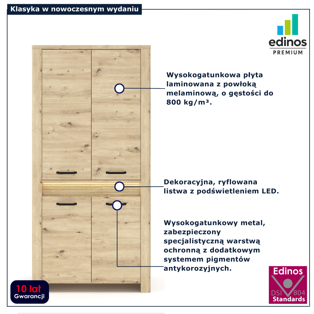 Duża szafa ubraniowa z podświetleniem Fienna 9X dąb artisan