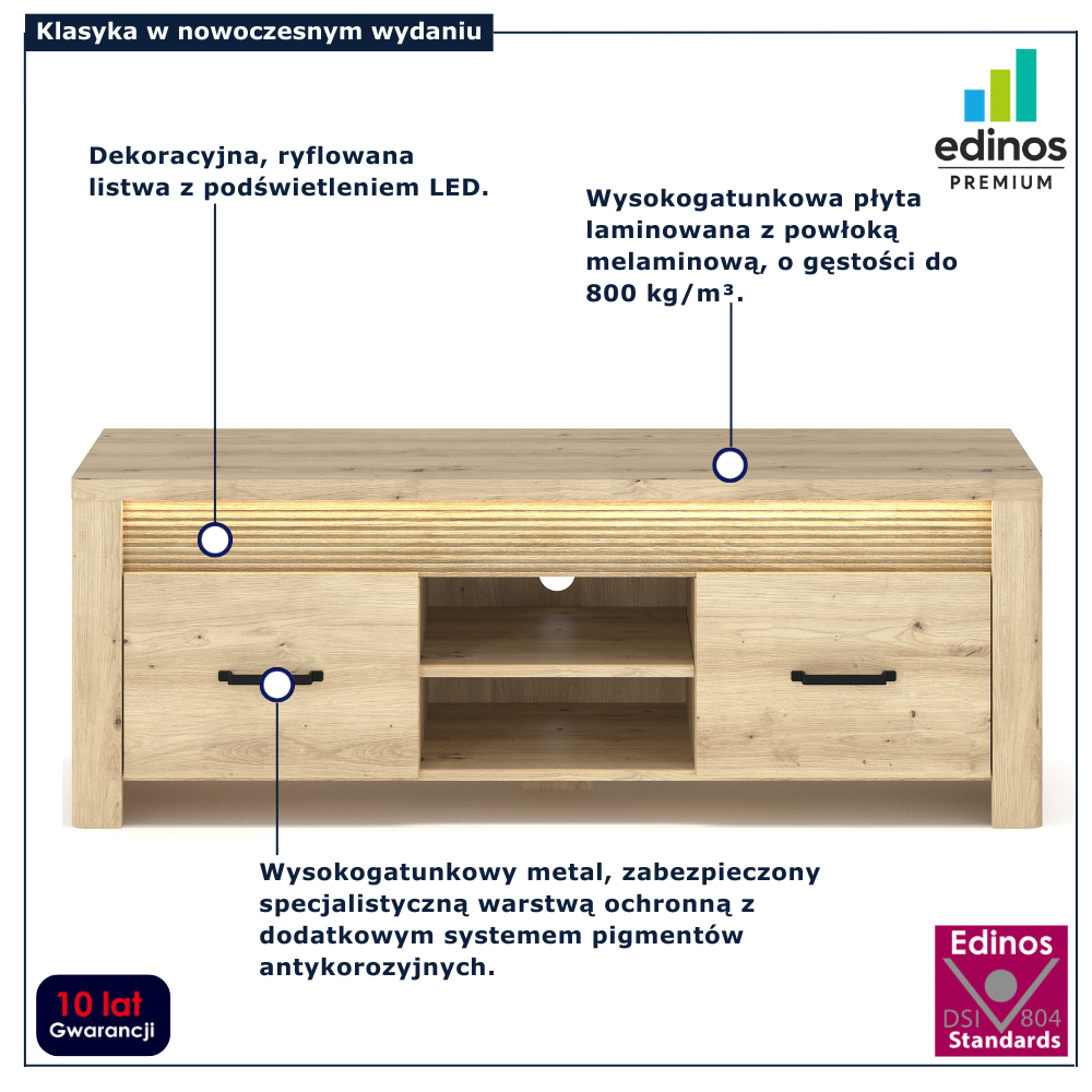 Nowoczesna szafka RTV z podświetleniem led Fienna 10X dąb artisan