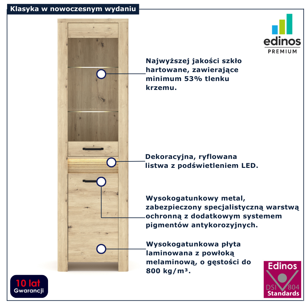 Wysoka witryna z podświetleniem led Fienna 11X dąb artisan