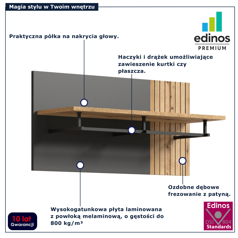 Półka z wieszakiem do przedpokoju nowoczesnego Assoni 13X grafit + dąb evok