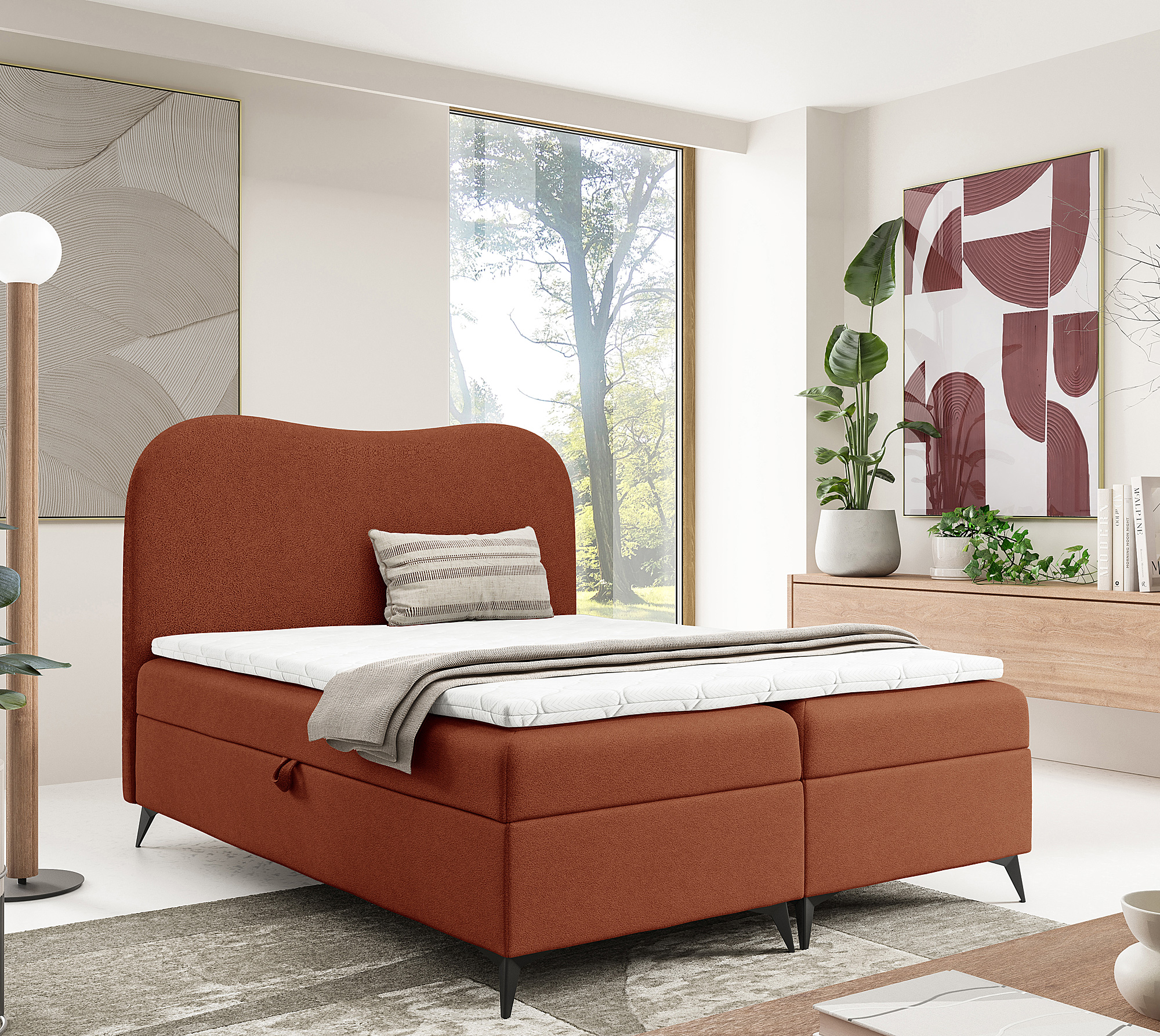 Aranżacja wnętrza z pomarańczowym łóżkiem Aurellia