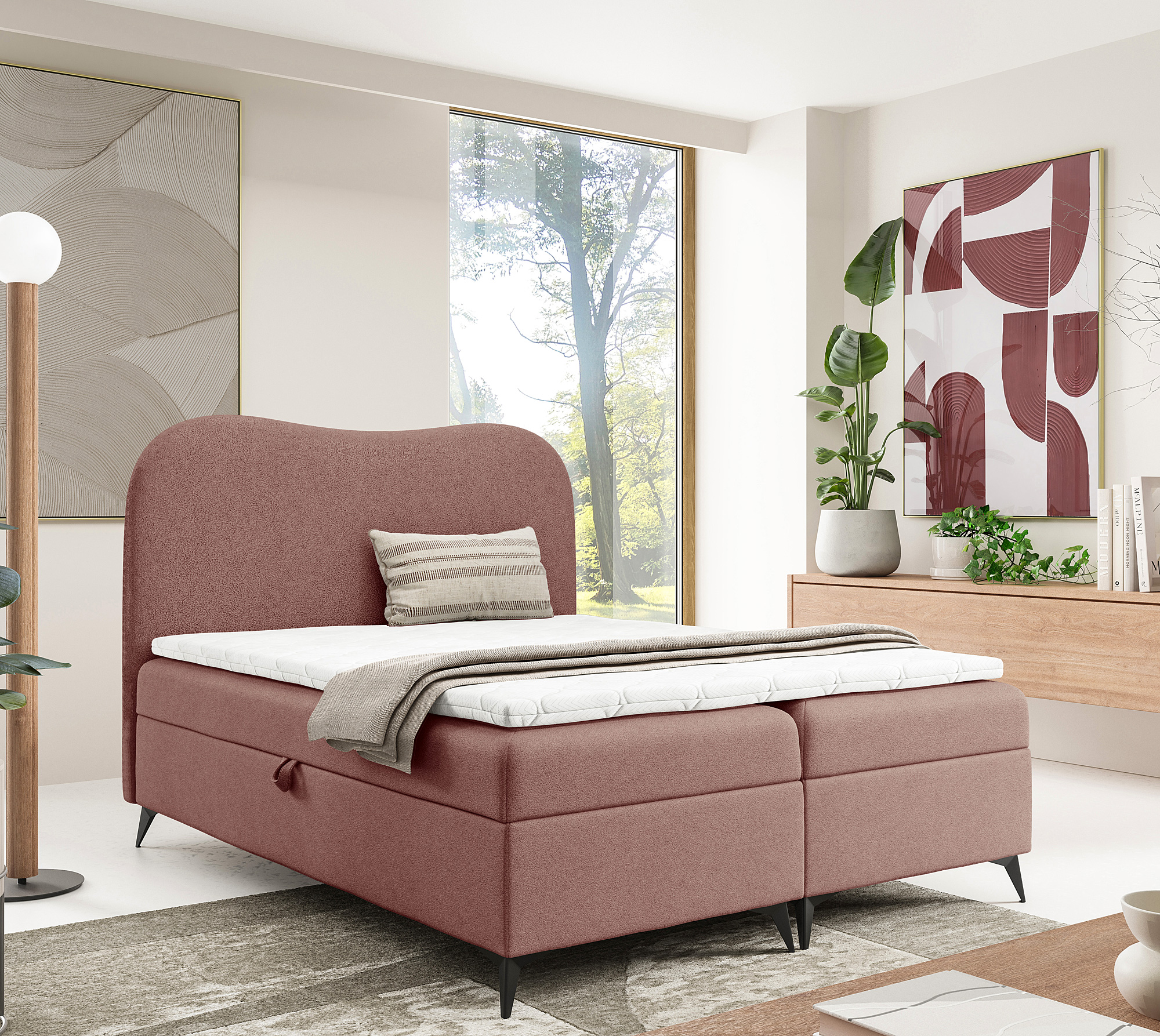 Aranżacja wnętrza z pomarańczowym łóżkiem Aurellia