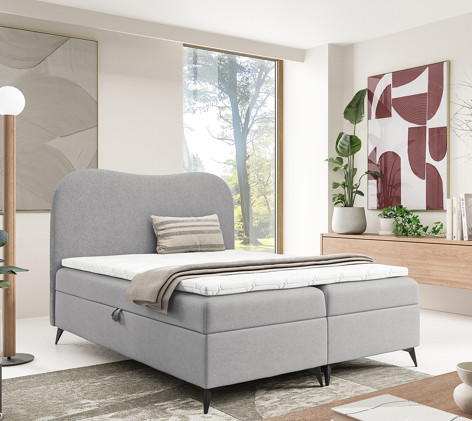 Aranżacja wnętrza z jasnoszarym łóżkiem Aurellia