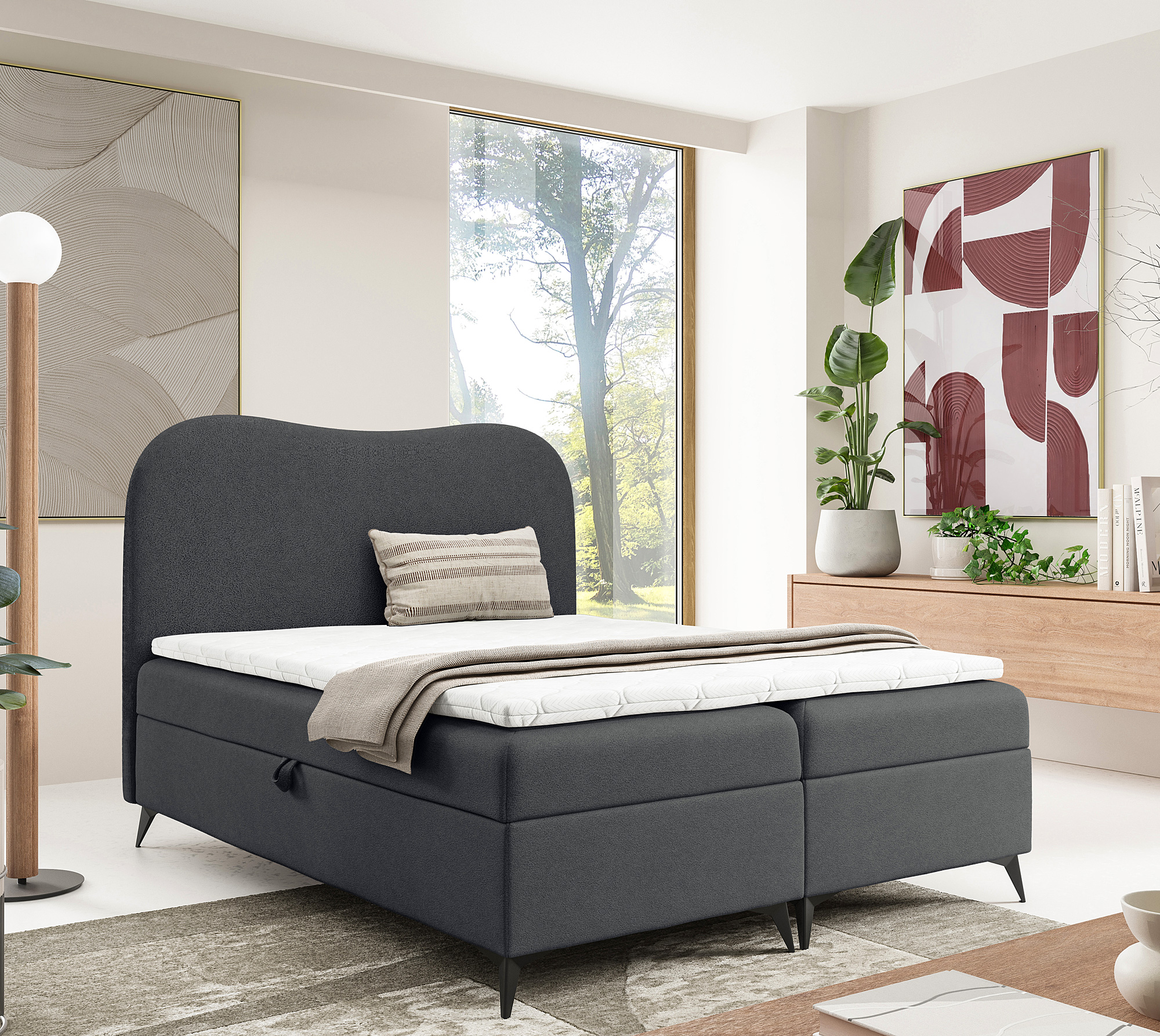 Aranżacja wnętrza z ciemnoszarym łóżkiem Aurellia