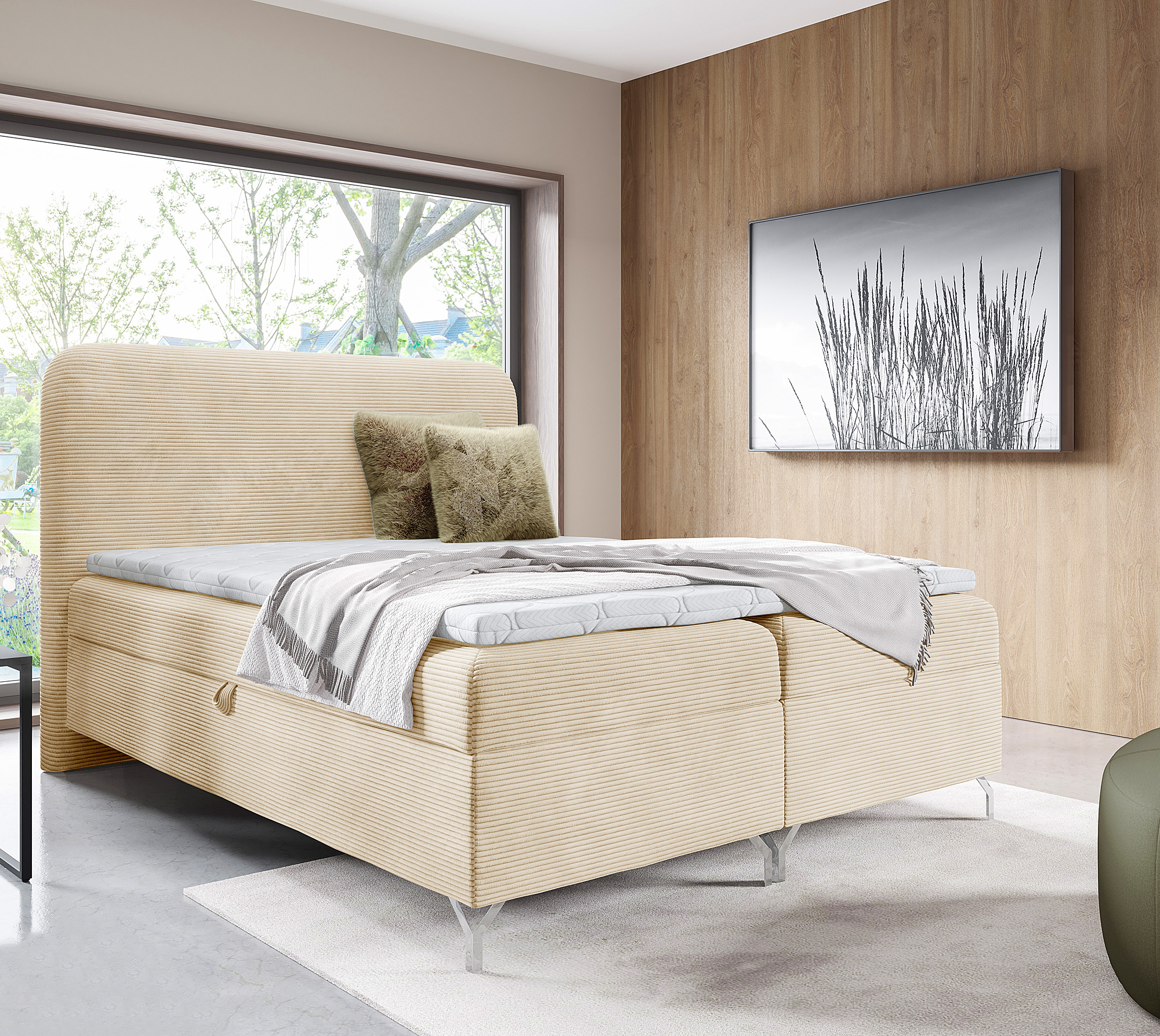 Aranżacja wnętrza z kremowym łóżkiem Aurellia