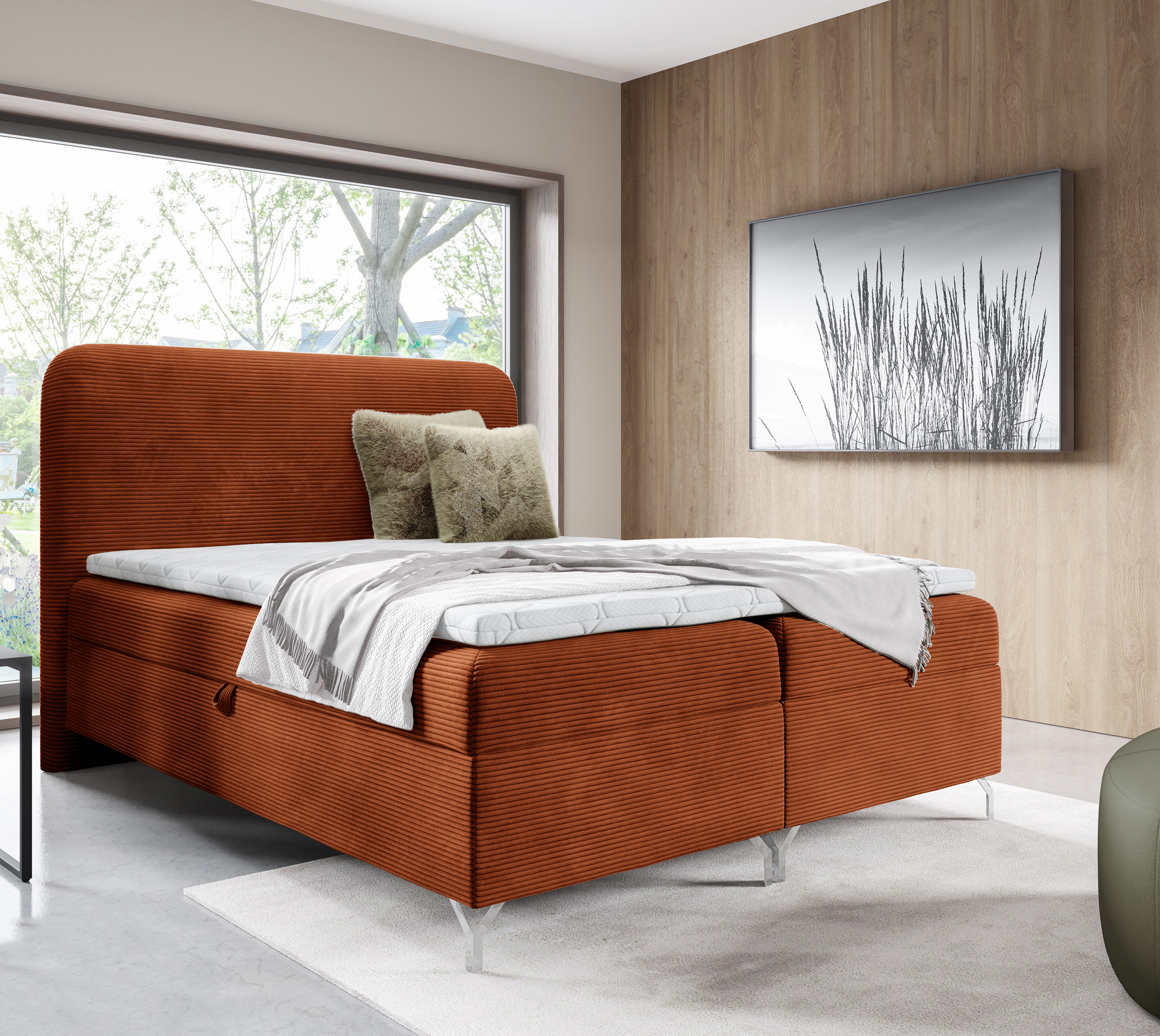 Aranżacja wnętrza z pomarańczowym łóżkiem Aurellia