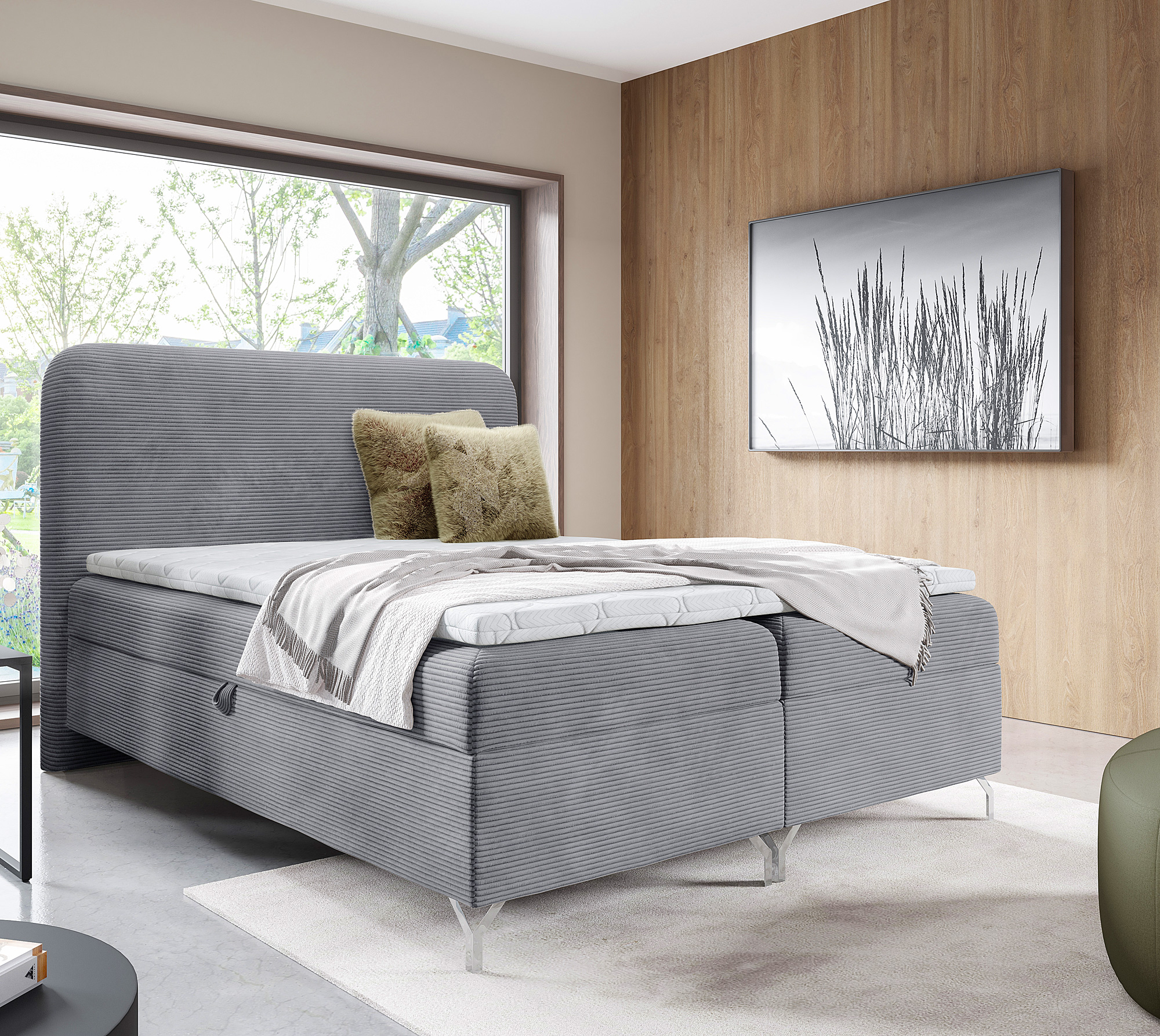 Aranżacja wnętrza z szarym łóżkiem Aurellia