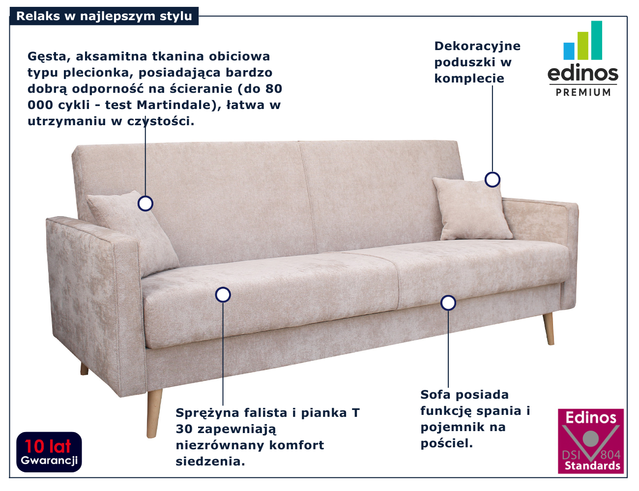 Beżowa wersalka na nóżkach do salonu Dassia