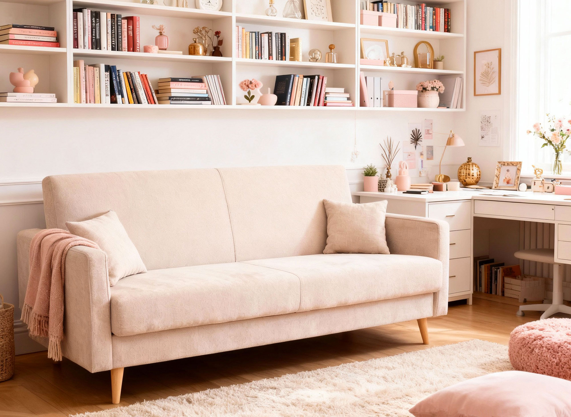 Salon z wykorzystaniem beżowej kanapy rozkładanej Dassia