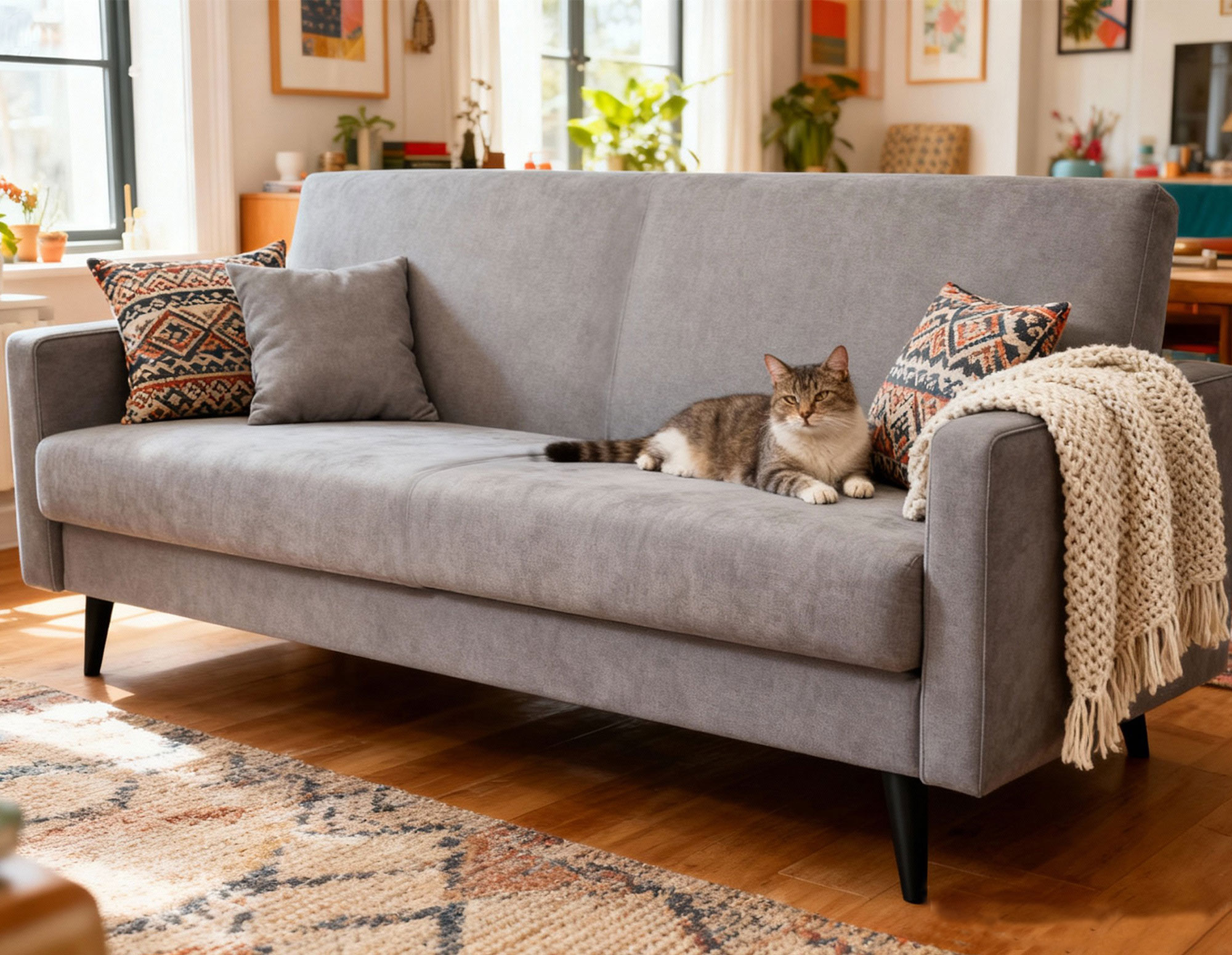 Aranżacja z szarą sofą z funkcją spania Dassia