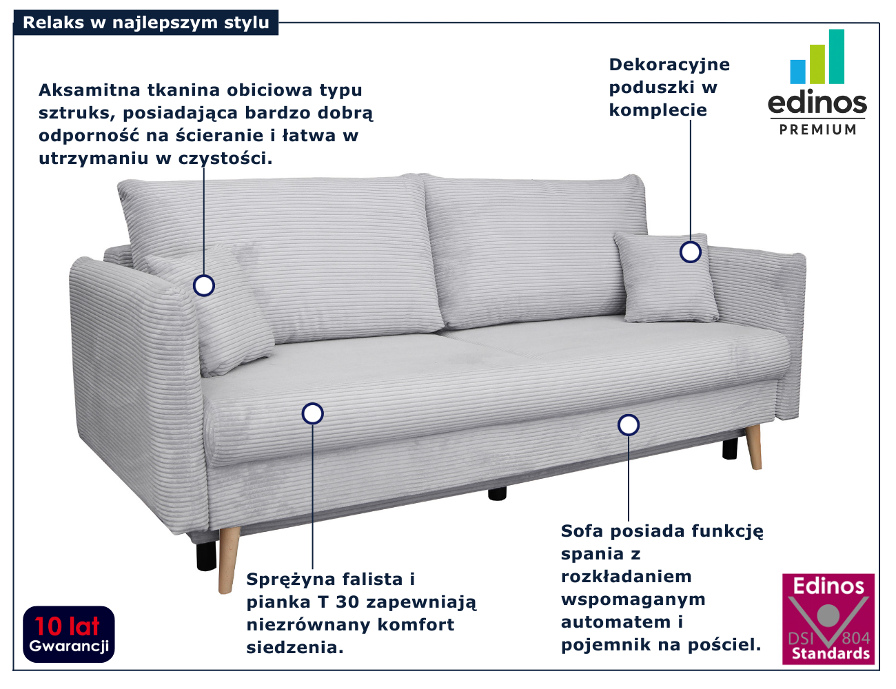 Szara sofa sztruksowa Ferisso