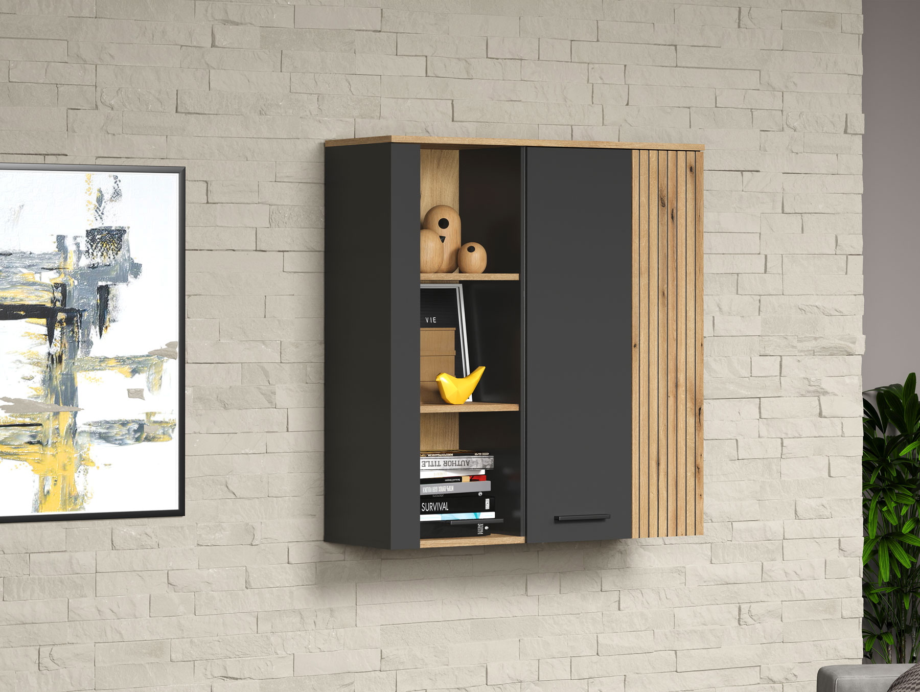 Przykładowa aranżacja z wykorzystaniem witryny szklanej Assoni 17X grafit + dąb evok