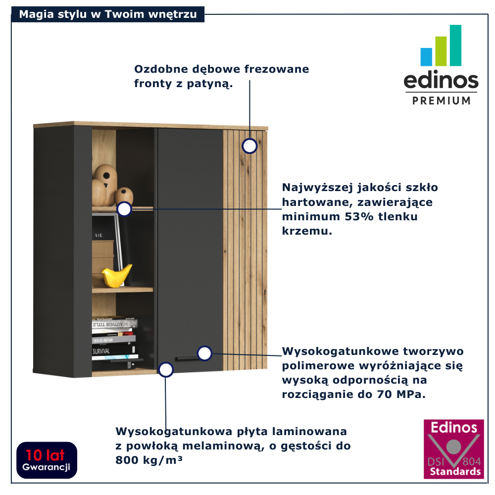 Wisząca witryna szklana do salonu Assoni 17X grafit + dąb evok