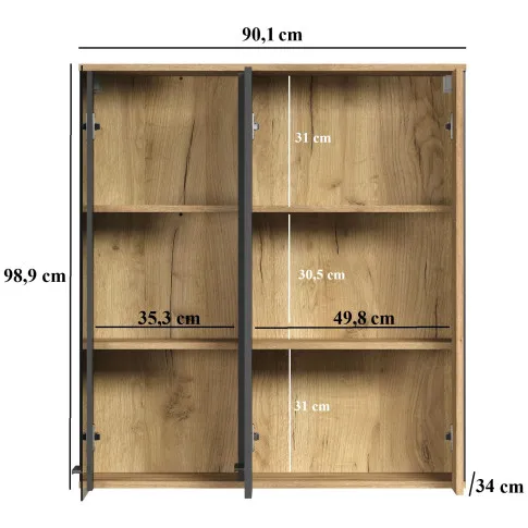 Wymiary wiszącej witryny na szkło Assoni 17X grafit + dąb evok