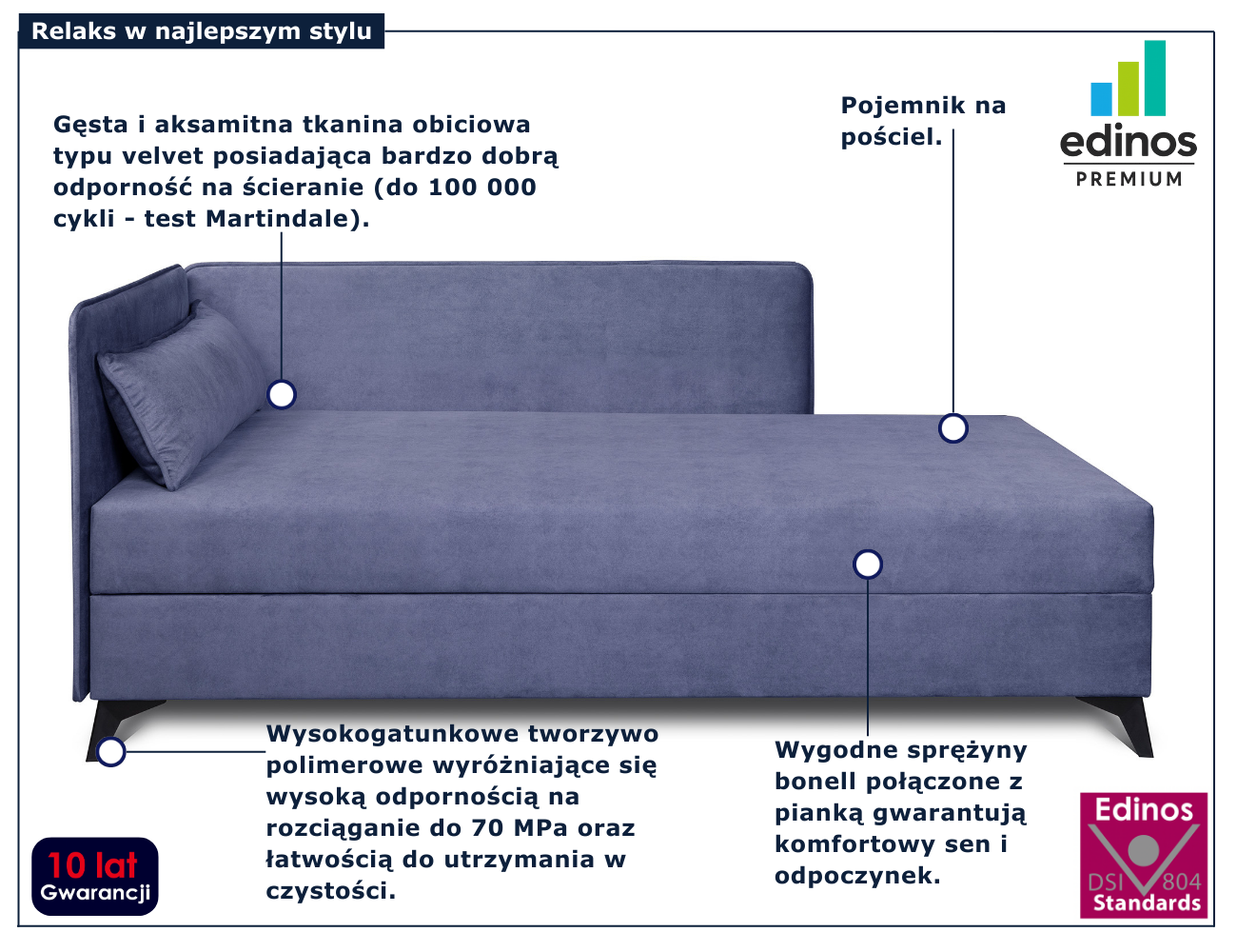 Niebieskoszary tapczan narożny z pojemnikiem Finito