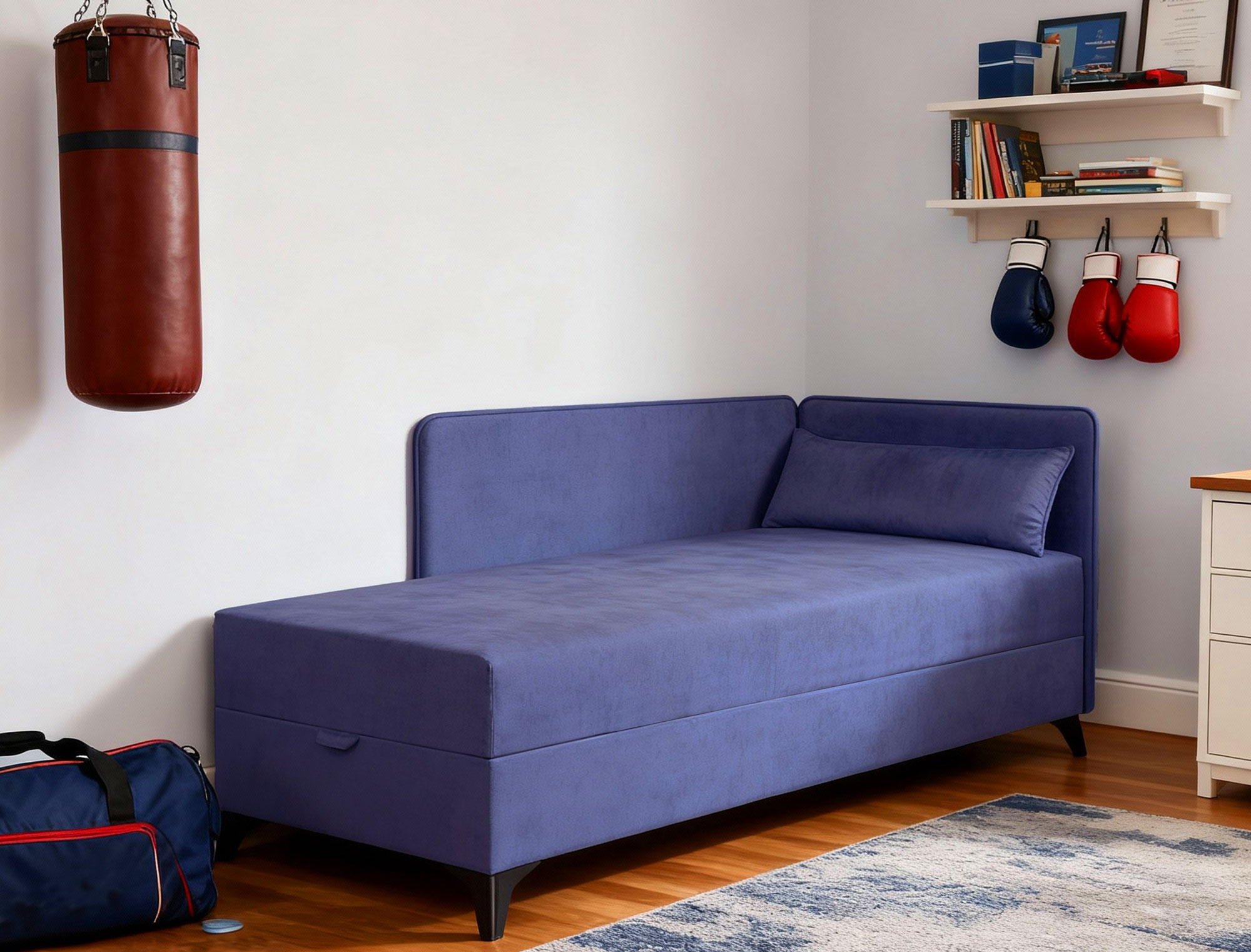 Wnętrze z wykorzystaniem niebieskoszarego łóżka narożnego Finito