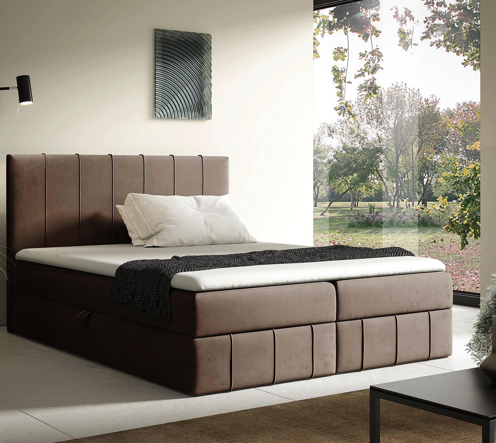 Aranżacja wnętrza z brązowym łóżkiem Elarivo