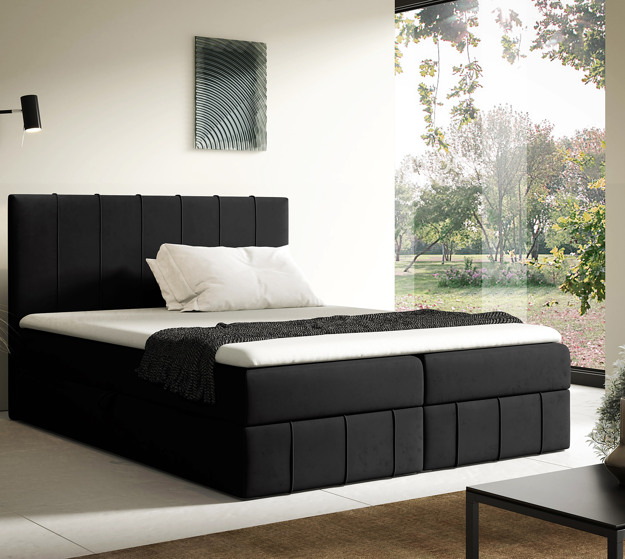 Aranżacja wnętrza z czarnym łóżkiem Elarivo