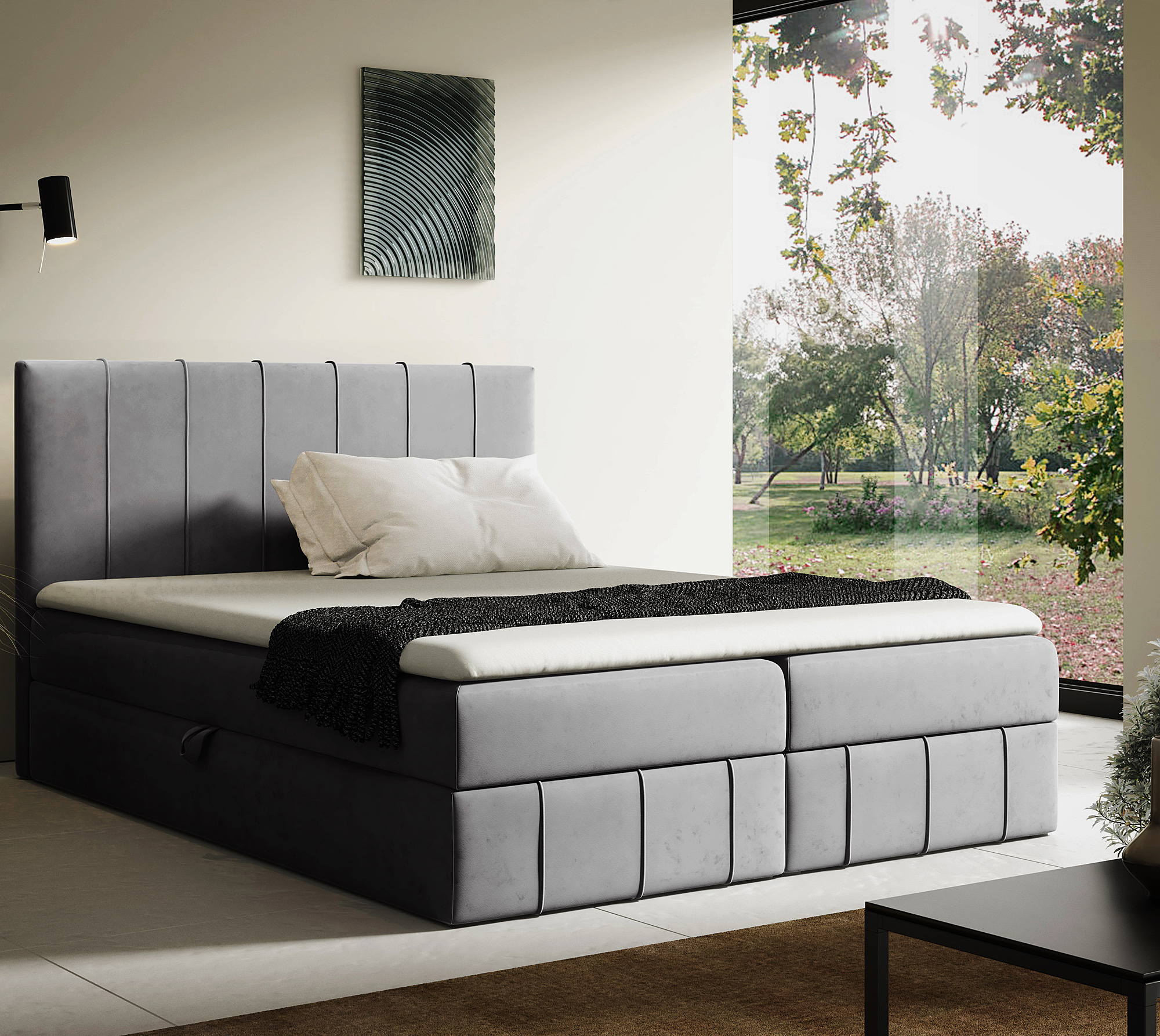 Aranżacja wnętrza z szarym łóżkiem Elarivo