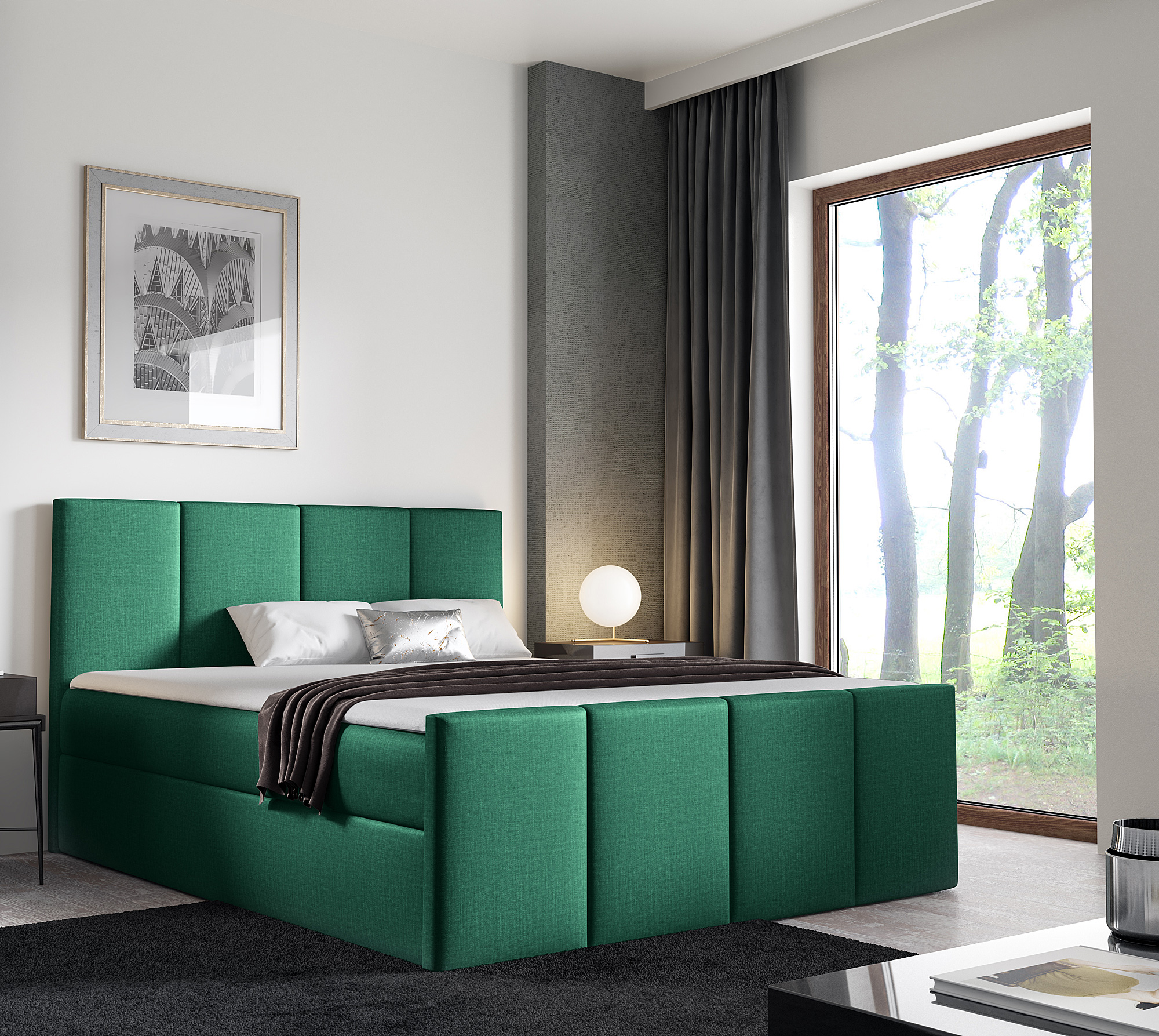 Aranżacja wnętrza z zielonym łóżkiem Elarivo