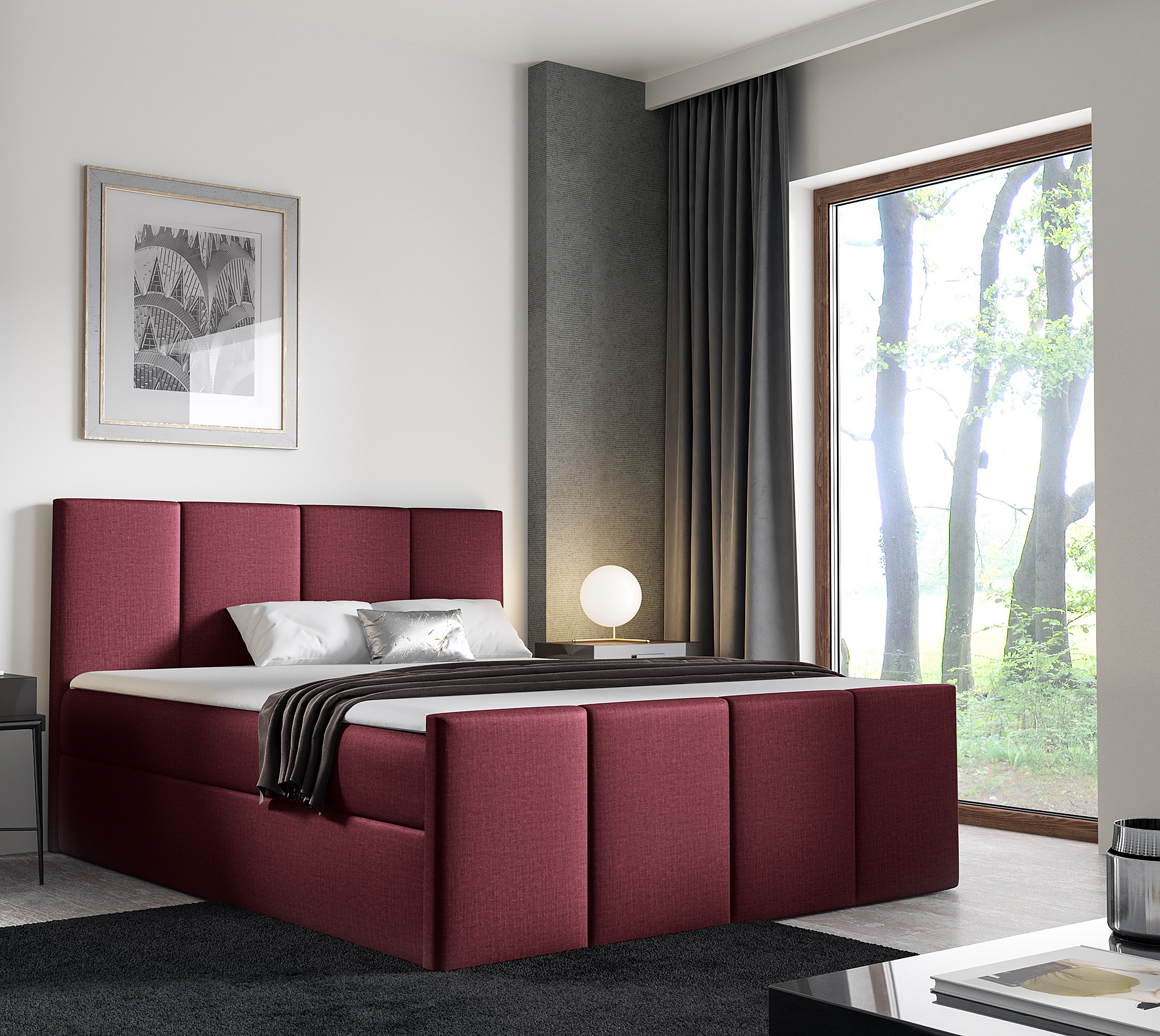 Aranżacja wnętrza z bordowym łóżkiem Elarivo