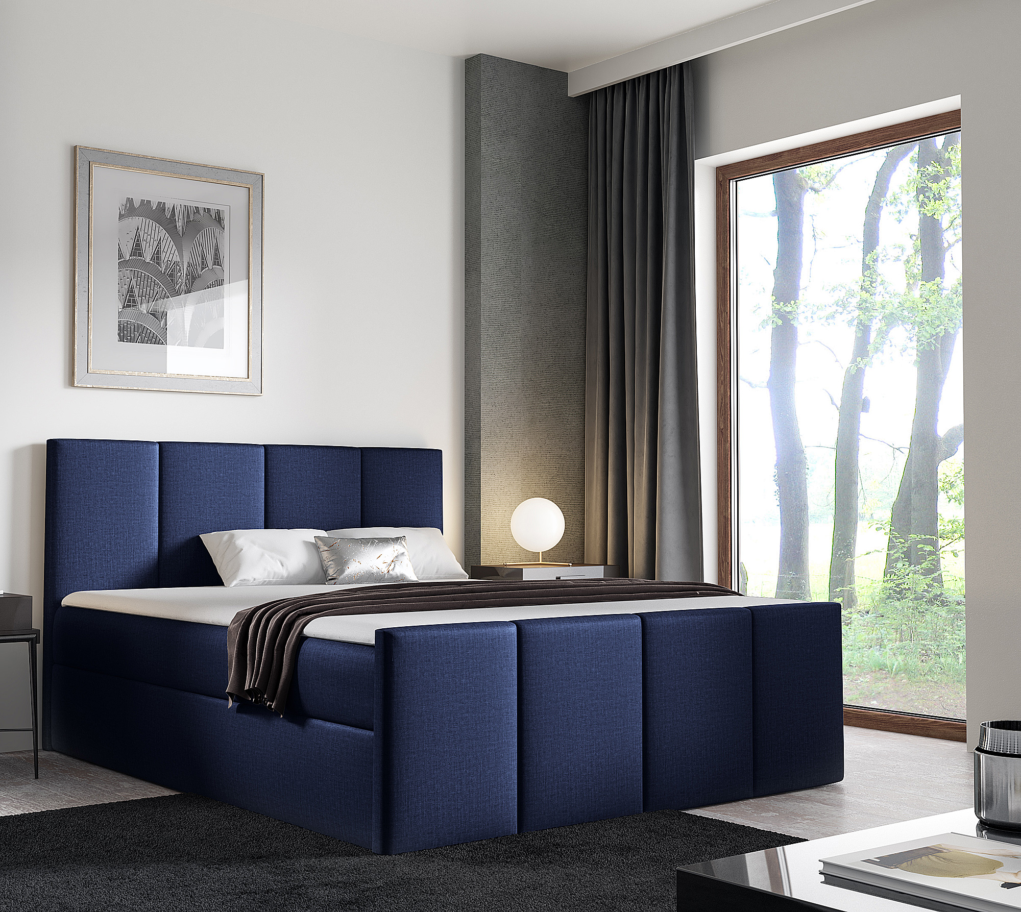 Aranżacja wnętrza z granatowym łóżkiem Elarivo