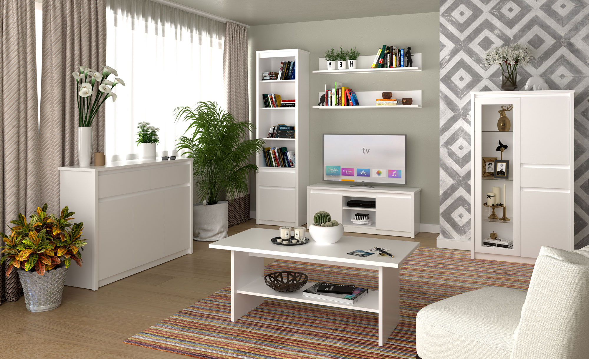 Przykładowa aranżacja z wykorzystaniem białych mebli do salonu z kolekcji Sierra 