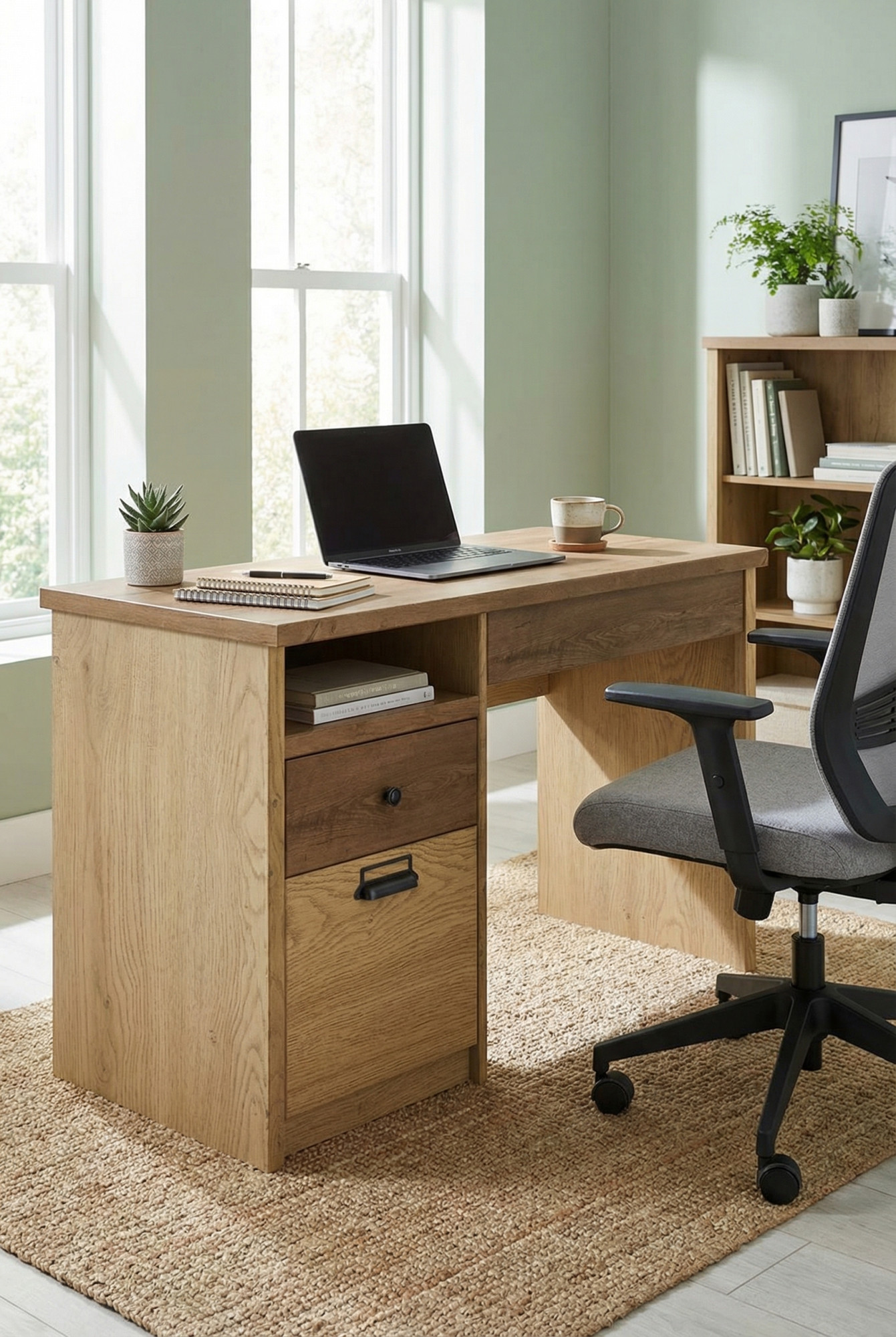 Aranżacja z wykorzystaniem biurka Sevisso 5X dąb cremona + dąb lefkas