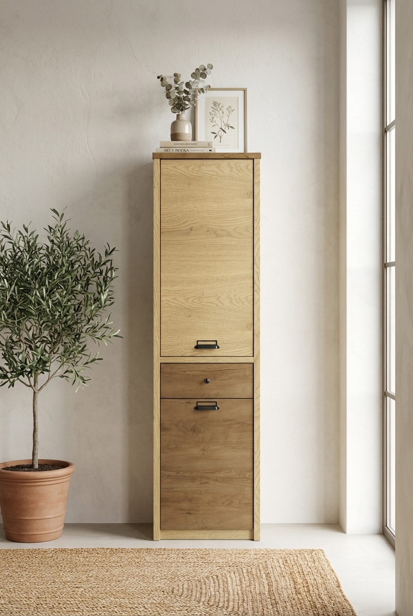 Aranżacja z wykorzystaniem zamykanego regału Sevisso 12X dąb cremona + dąb lefkas