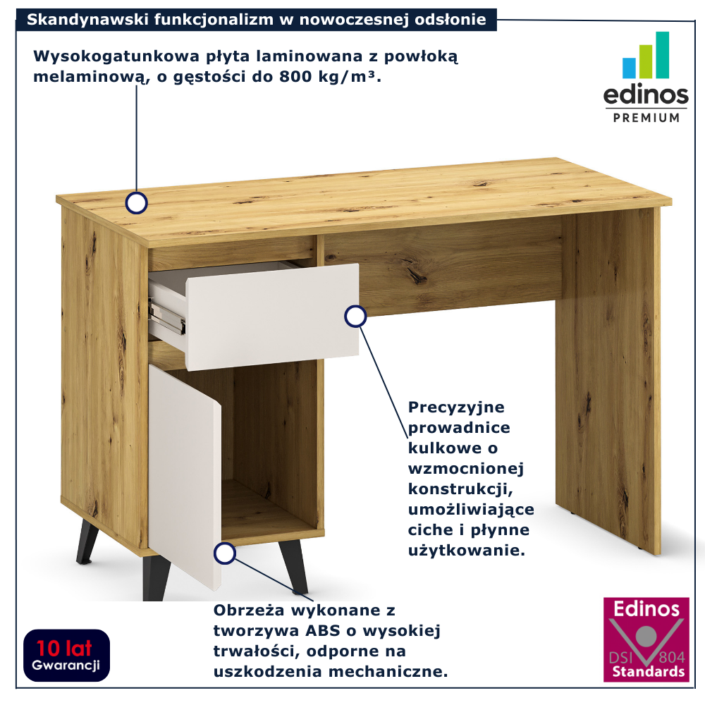 Skandynawskie biurko z szafką i szufladą Bilgo 8X dąb artisan + biały