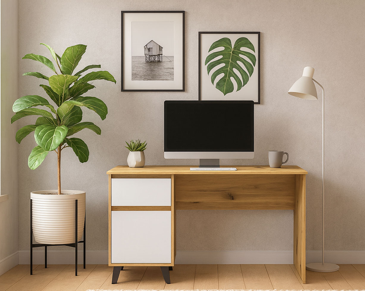 Przykładowa aranżacja z wykorzystaniem biurka dąb artisan + biały Bilgo 8X