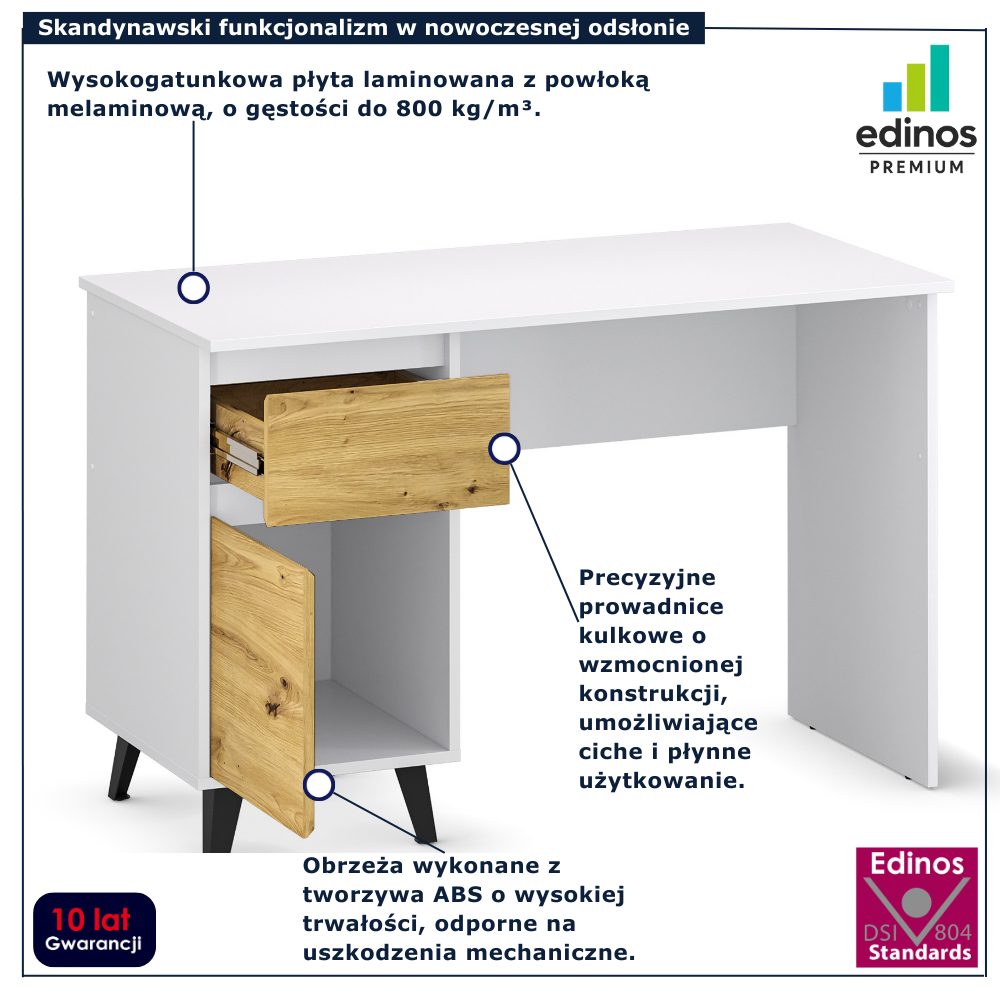 Skandynawskie biurko z szafką i szufladą Bilgo 8X biały + dąb artisan