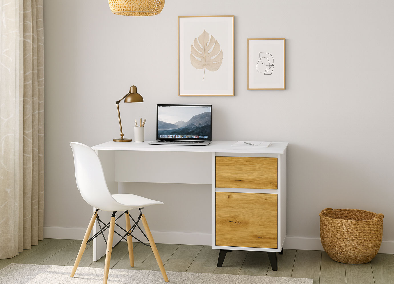 Wnętrze z wykorzystaniem biurka Bilgo 8X biały + dąb artisan