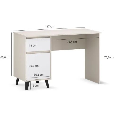 Wymiary biurka z szafką i iszuflada Bilgo 8X kaszmir + biały