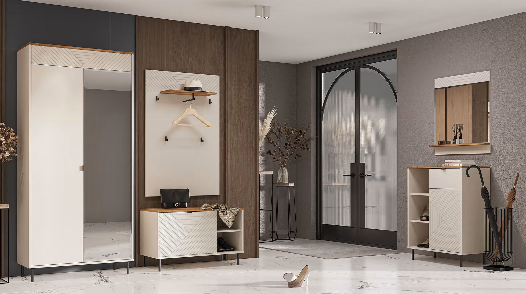 Przedpokój z wykorzystaniem mebli z kolekcji Fiassi kaszmir + dąb castello