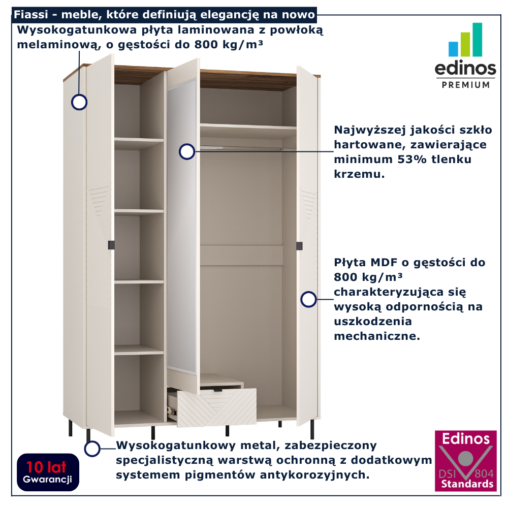 Trzydrzwiowa szafa nowoczesna z lustrem Milox 19X kaszmir + dąb castello