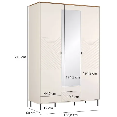 Wymiary szafy trzydrzwiowej kaszmir + dąb castello