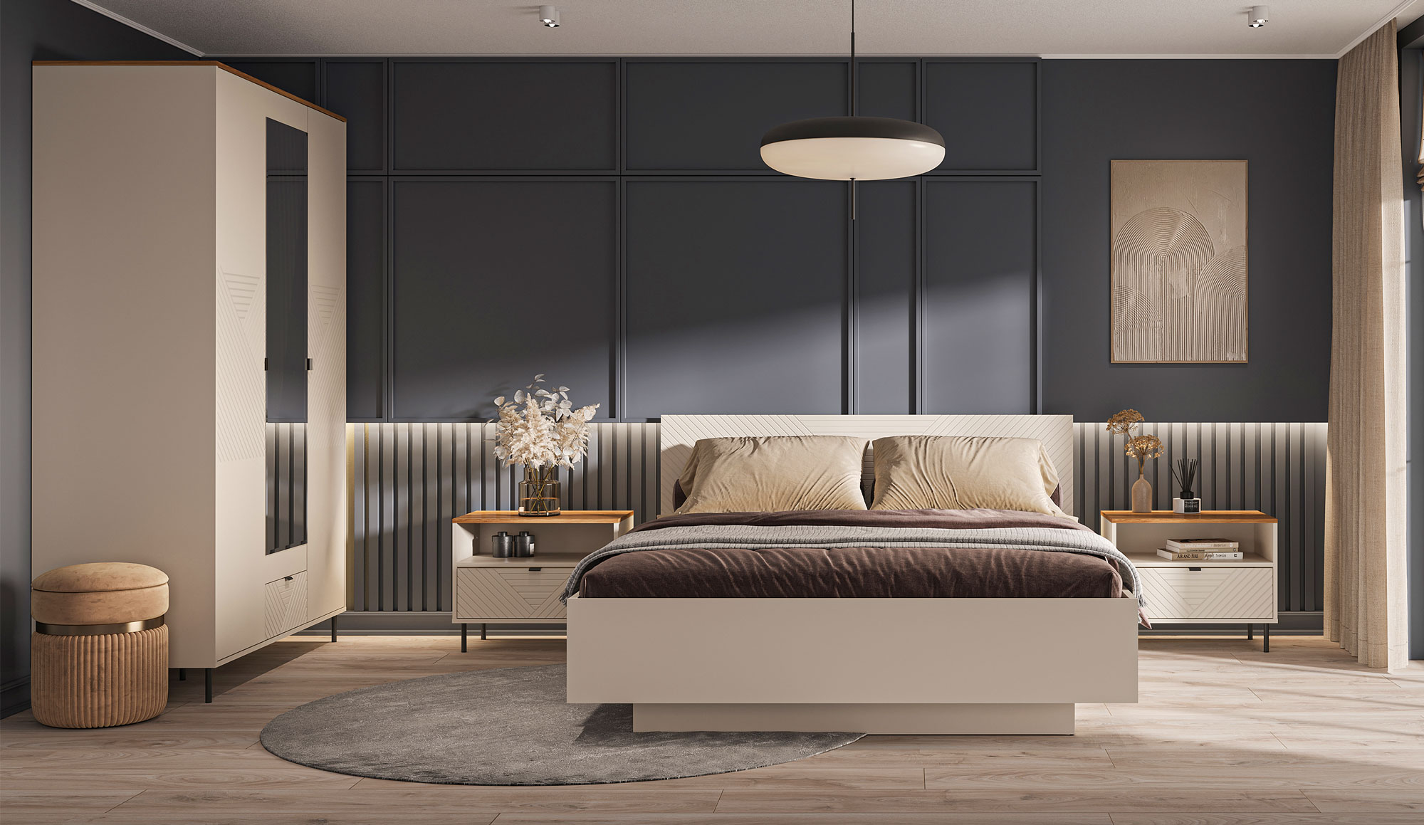 Sypialnia z wykorzystaniem mebli z kolekcji Fiassi kaszmir + dąb castello