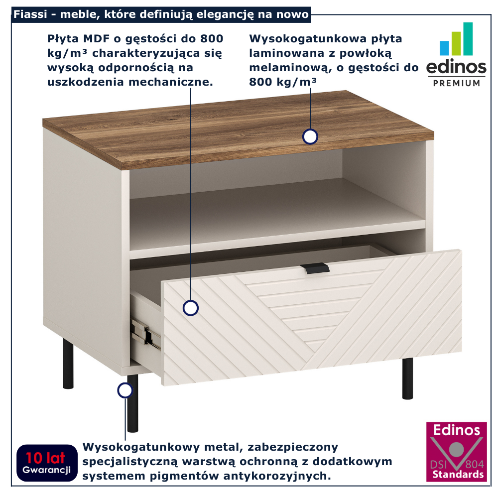 ryflowana szafka nocna z szufladą Milox 21X kaszmir + dąb castello