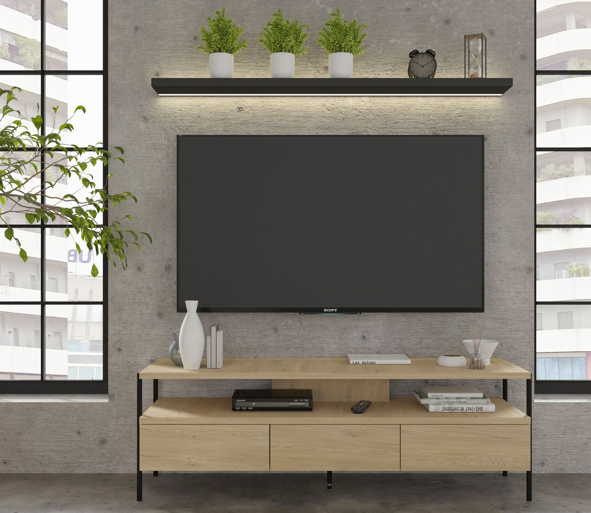 Wnętrze z wykorzystaniem szafki RTV na nóżkach 150 cm Fabiene 4X dąb cremona