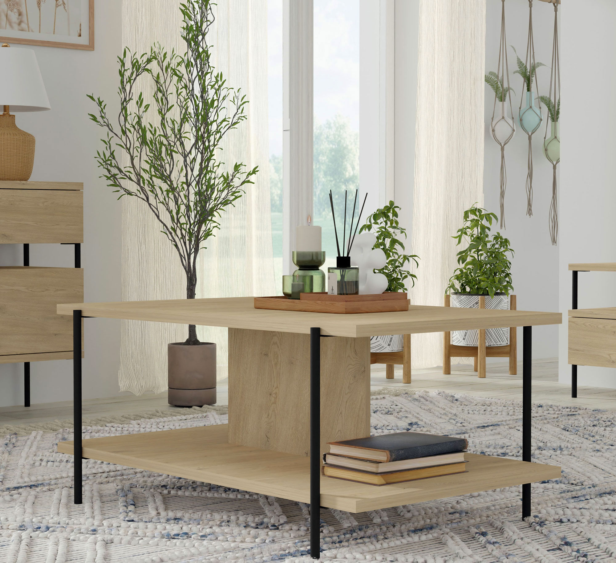 Salon z wykorzystaniem stolika kawowego Fabiene 5X dąb cremona