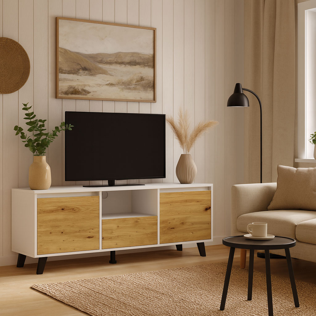 Przykładowa aranżacja z wykorzystaniem szafki RTV Bilgo 9X biały + dąb artisan